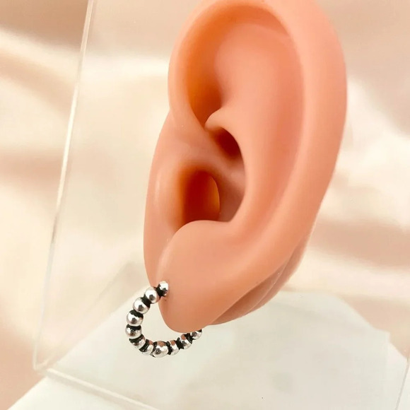 925 Sterling Silver Small Hoop Earrings Bead Earrings 14 mm Small Hoops - Picture 3 of 4